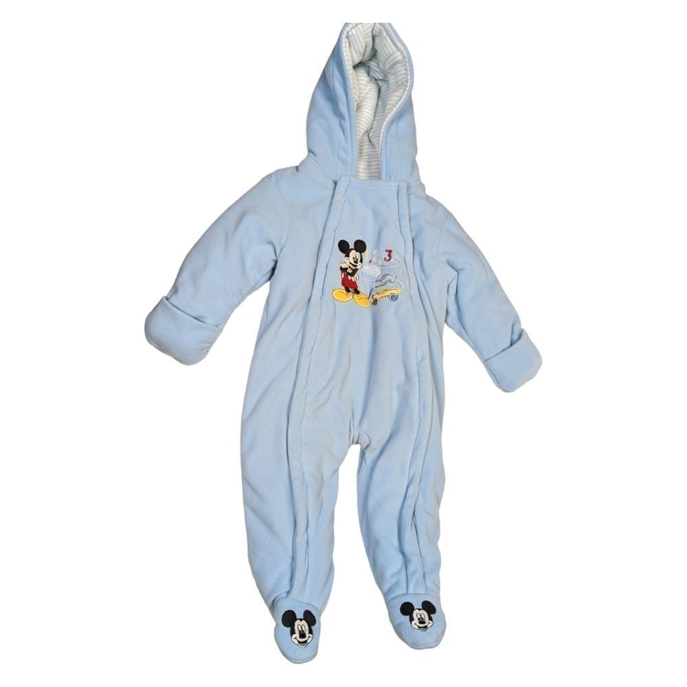 Disney Baby Fleece Snow Suit Size 6 - 9 Months Mickey Mouse Blue Thick Hood